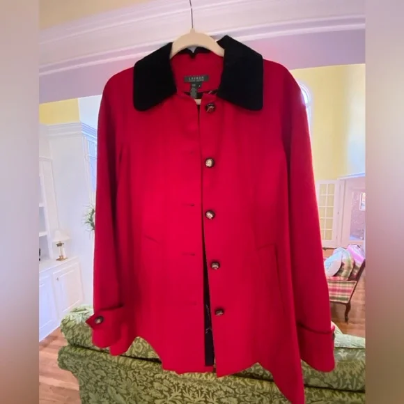 Lauren Ralph Lauren Medium Red Equestrian Style Coat with Black Collar Like New. - Picture 5 of 14
